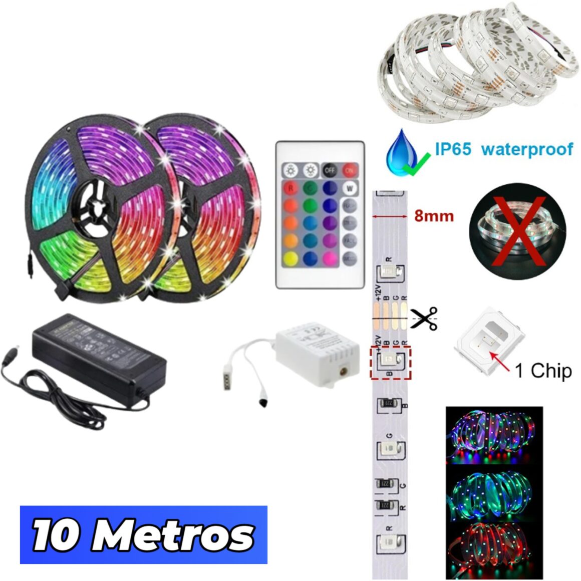 Cinta Tira Luces Led Rgb 10m 2835 Con Transformador Control 10 MT IP65 Interior Y